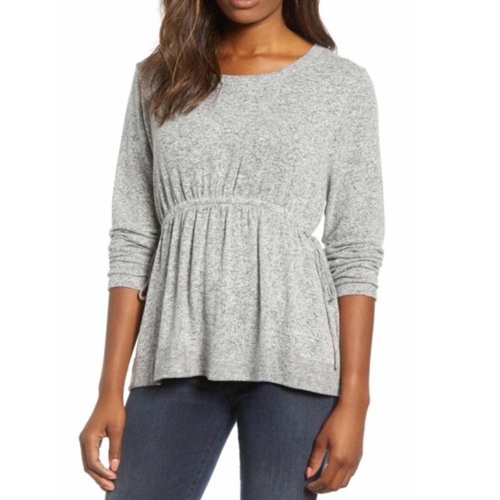 NWT Caslon Drawstring Waist Peplum Pullover Sweater Top Heather Gray Sz XS